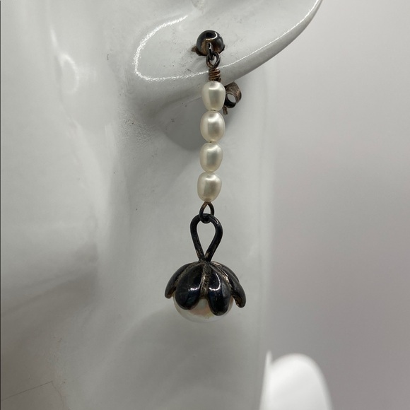 Vintage Sterling Silver 925 White Cultured Pearl Dangle Drop Earrings Pierced